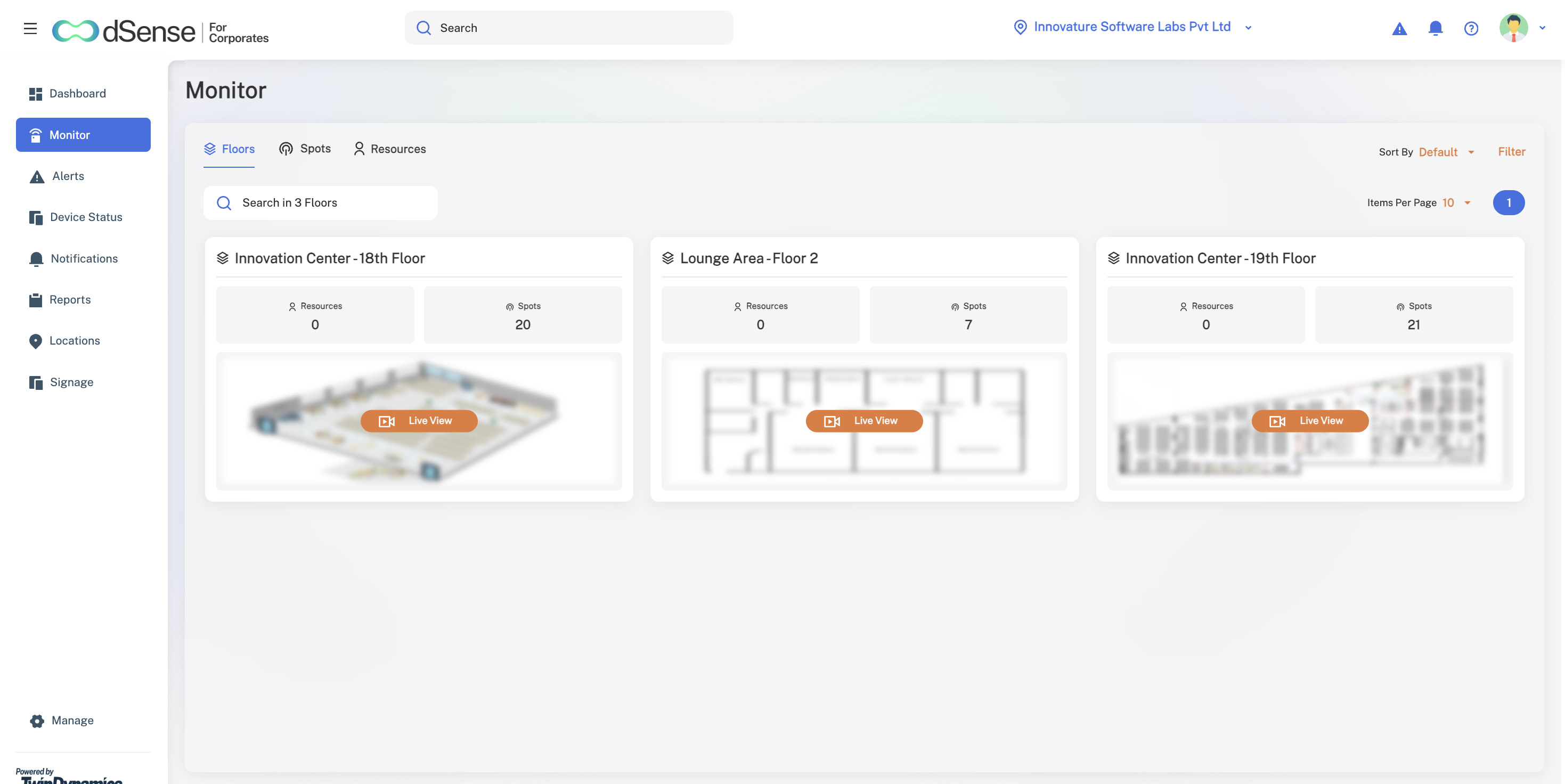 dSense Floors view showing three configured floors with resource counts, spot counts and Live View controls