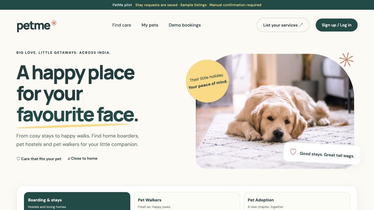 PetMe concept homepage introducing pet care and stays